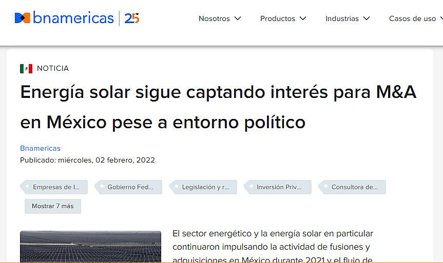 Energa solar sigue captando inters para M&A en Mxico pese a entorno poltico